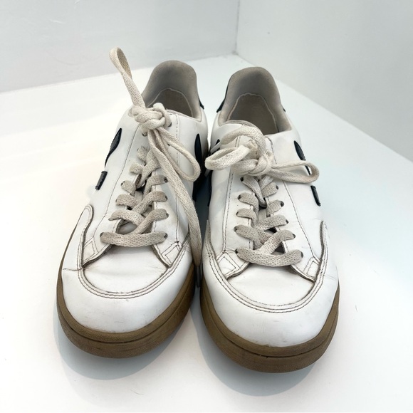 Veja V-12 White and Black Leather Dune Tie Lace Up Court Shoes Sneakers Size 7 - Picture 2 of 11